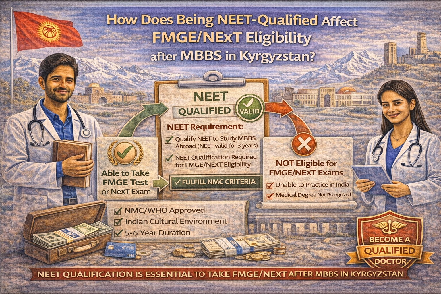 How does being NEET-qualified affect FMGE/NExT eligibility after MBBS in Kyrgyzstan